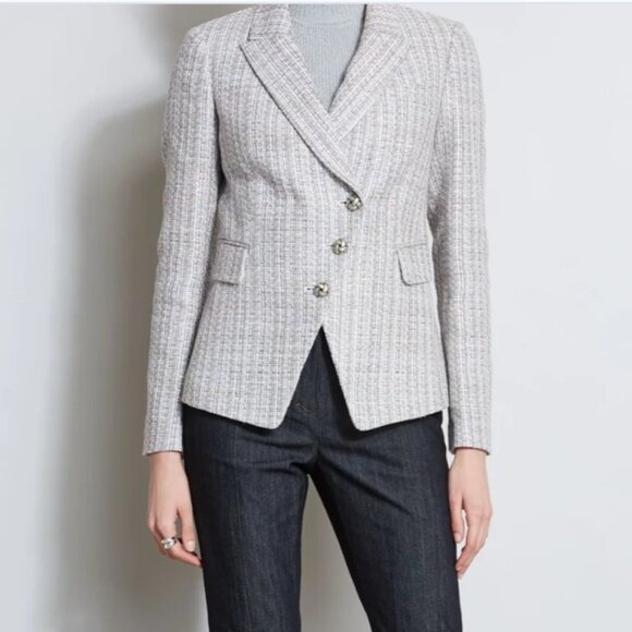Elie Tahari Metallic Tweed 3 Button Blazer In Silver, 8 - Picture 1 of 12